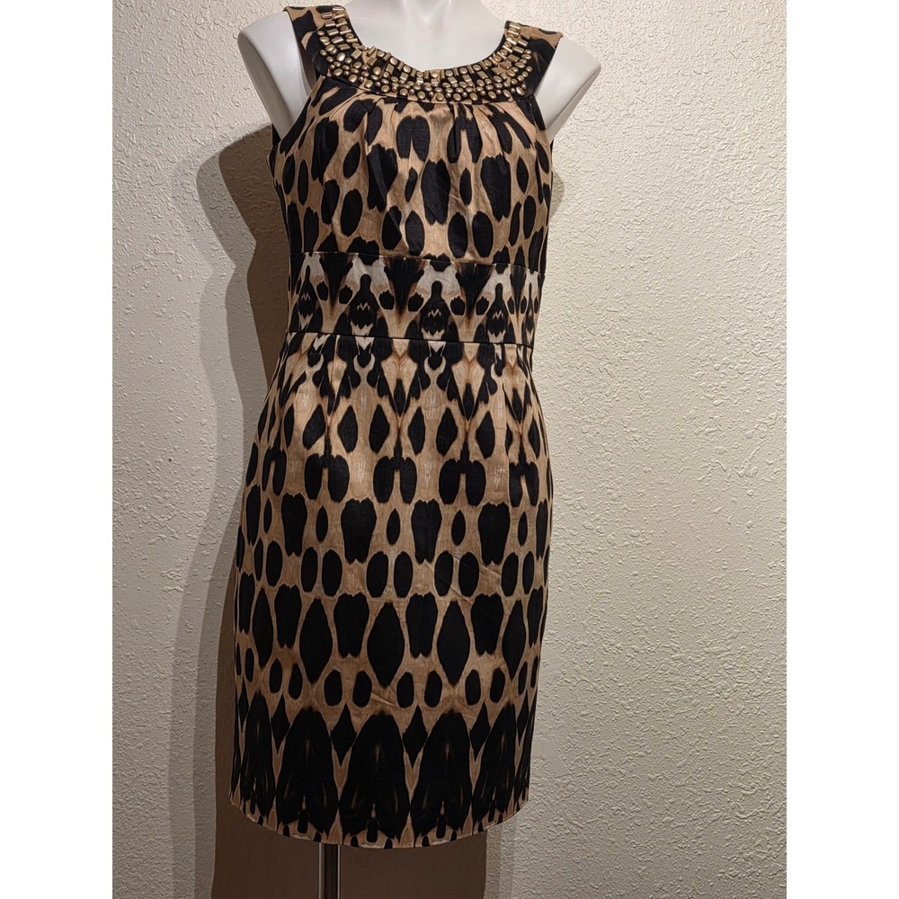 Calvin Klein Leopard Print Studded Sheath Dress Black Khaki M2EBG905 Size 10